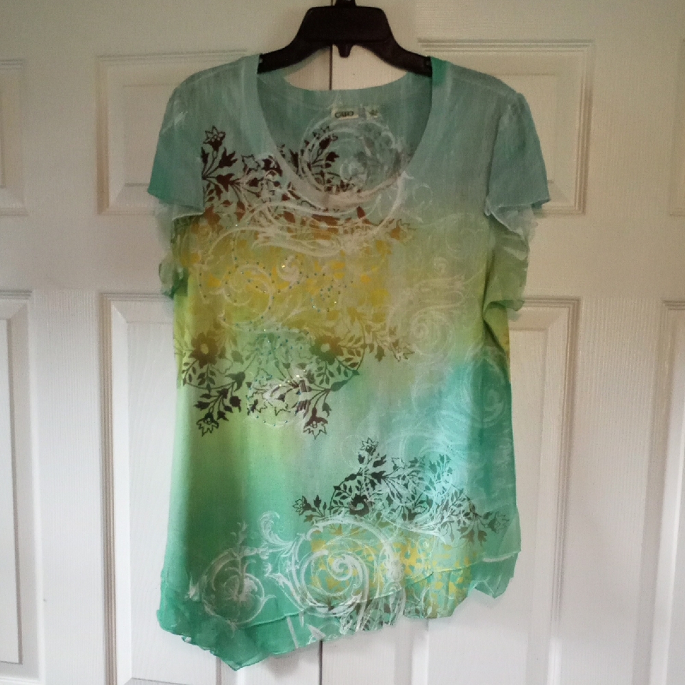 Cato Green and Yellow Graphic Cap Sleeve Tee
